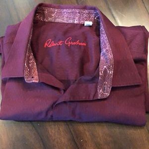 ♥️ Robert Graham burgundy print short sleeved button down classic collared shirt
